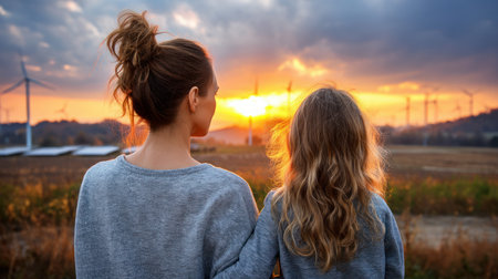 Mother and daughter looking at solar panels. Solar farm and sunlight at sunset. Solar energy for green energy. Sustainable renewable energy. Photovoltaic power plant or solar park. Energy sustainabilityの素材