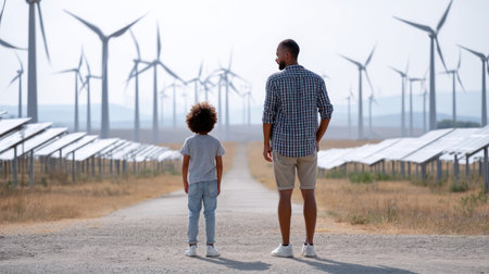 Father and son looking at solar panels. Solar farm and sunlight at sunset. Solar energy for green energy. Sustainable renewable energy. Photovoltaic power plant or solar park. Energy sustainabilityの素材