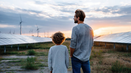 Father and son looking at solar panels. Solar farm and sunlight at sunset. Solar energy for green energy. Sustainable renewable energy. Photovoltaic power plant or solar park. Energy sustainabilityの素材