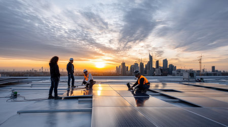 Specialist technician professional engineer with laptop and tablet maintenance checking installing solar roof panel on the factory rooftop under sunlight. Engineers team survey check solar panel roofの素材