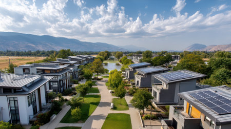 Top down view of a row of residential homes with solar panels on the roof. The concept of an alternative energy source, energy saving, careful attitude to our planet Earthの素材