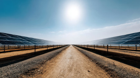 Solar farm and sun light. Solar power for green energy. Sustainable renewable energy. Photovoltaic power station or solar park. Solar panel installation and maintenance concept. Energy sustainabilityの素材