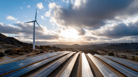 Solar farm and sun light. Solar power for green energy. Sustainable renewable energy. Photovoltaic power station or solar park. Solar panel installation and maintenance concept. Energy sustainabilityの素材