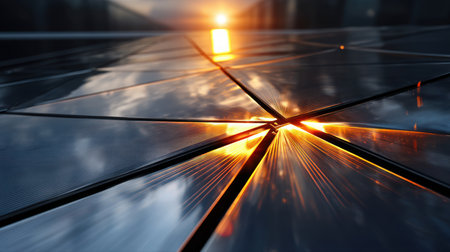 cells of a modern blue solar panel in the setting sun close-up. Green renewable energy. The concept of an alternative energy source, energy saving, careful attitude to our planet Earthの素材