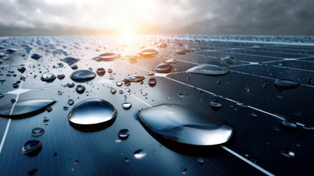 Rain water drops on modern blue solar panel cells in the setting sun close-up. Green renewable energy. Alternative energy source concept, energy saving, caring for our planet Earthの素材