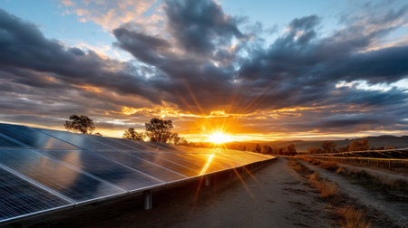 Solar farm and sunlight at sunset. Solar power for green energy. Sustainable renewable energy. Photovoltaic power plant or solar park. Solar panel installation and maintenance concept. Energy sustainabilityの素材