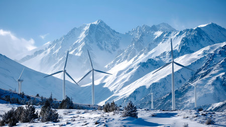 On a cold winter day, giant wind turbines standing on the snowy hillside with hiking paths on the slpoe and majestic alpine mountains under blue sky in background.の素材