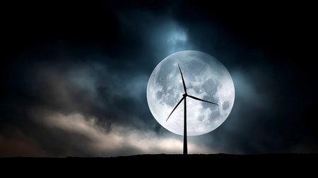 Electricity in nature or clean energy concept. Wind turbine producing alternative energy on a hill at night with a huge moon in the background. Creative decoration with a small miniature. Selective focus.の素材