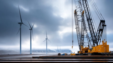 Wind turbine construction site, crane lifting parts, industrial scene. Engineer with technician are inspection work in wind turbine farms rotation to generate electricity energy.の素材