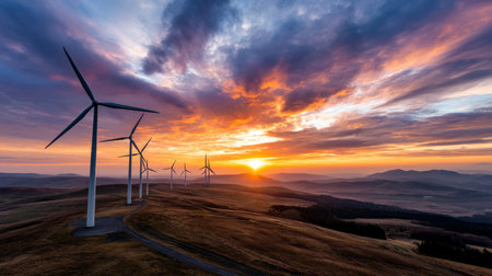Several wind turbines silhouetted against a bright sunset sky. The turbines rise against a backdrop of orange, purple and red cloudsの素材