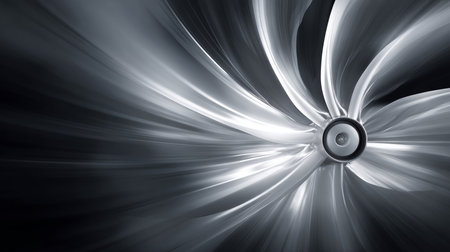 Close-up of a wind turbine blade in motion, futuristic detailing, dynamic lighting. Turbine Blades, High Precision Engineering. Large Fan Stack Layer Metal Part Rotor In Jet Engine Or Steam Power Plantの素材