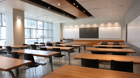 Abstract blurred empty interior space of college or university study. Blurred classroom with bookshelves with defocus effect. use for background or backdrop in bookstore, business or education resource concept.の素材