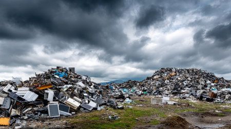 land with garbage, Garbage dump landscape of ecological damage contaminated land., plastic scrap in landfill, environmental problems pollution, waste or trash from household in waste landfill.の素材