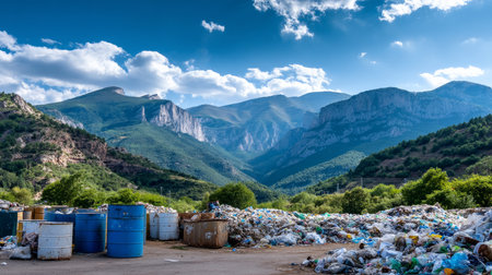 land with garbage, Garbage dump landscape of ecological damage contaminated land., plastic scrap in landfill, environmental problems pollution, waste or trash from household in waste landfill.の素材