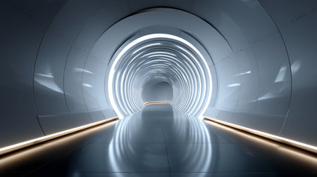 Dark, empty world Minimalistic virtual Futuristic reality with geometric shapes and floating structures and bright light source, floating, smooth gradient, Empty digital world with softly lit clean lines.の素材