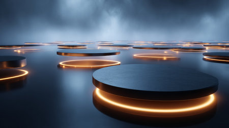 Dark, empty world Minimalistic virtual Futuristic reality with geometric shapes and floating structures and bright light source, floating, smooth gradient, Empty digital world with softly lit clean lines.の素材