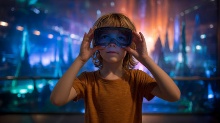 Child using virtual reality headset for metaverse, kid looking in VR glasses. Little girl with futuristic goggles having fun, teen playing video games. Technology, simulator, oculus and future concept.の素材