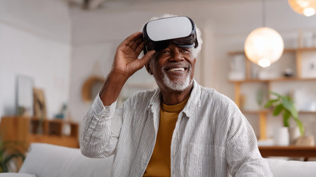 Good-looking handsome senior man using VR 360 glasses at home. Making browse and tap gestures. Concept of active modern elderly people, learning to use contemporary technologies.の素材