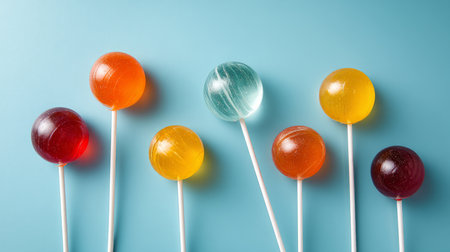 Simple arrangement of lollipops on baby blue background, no clutter.の素材