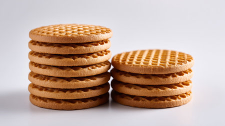 Neatly stacked wafer cookies on a plain white background, bright lighting.の素材