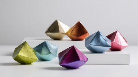 Modern candy shapes with metallic wrappers on minimalist white surface.の素材