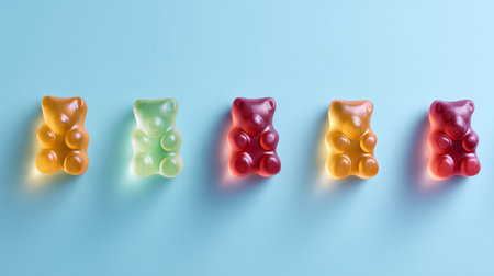 Gummy bears isolated on pastel blue surface, evenly spaced, minimalist style.の素材