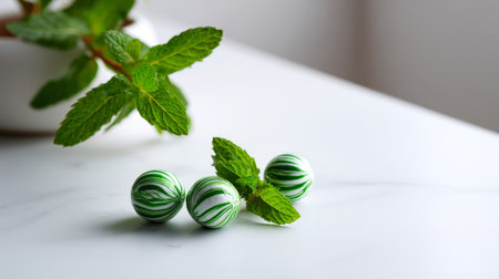 Clean tabletop with a few striped mints, white background, minimalism in focus.の素材