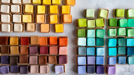 Top-down shot of organized colorful candy tiles on neutral surface.の素材