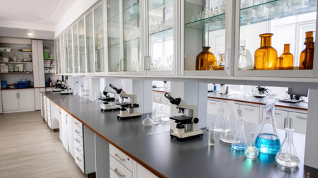 Modern microscope and flasks in research chemical scientific center, laboratory background. Study of various diseases in scientific laboratory.の素材