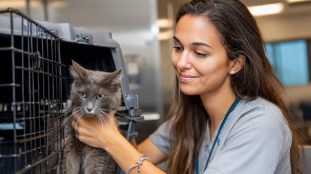 Close up of veterinarian checking cat's heart with stethoscope in clinic. Injury recovery, healthcare concept, pet treatment and prevention, trust and care. Caring for our smaller brothers.の素材