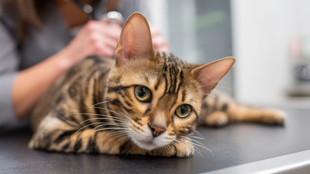 Close up of veterinarian checking cat's heart with stethoscope in clinic. Injury recovery, healthcare concept, pet treatment and prevention, trust and care. Caring for our smaller brothers.の素材