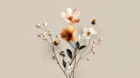 A small cluster of wildflowers in pastel colors arranged on a light beige background, creating a soft, minimal aesthetic.の素材