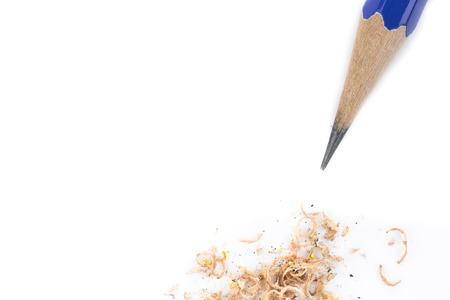 blue pencil on white background isolated from top viewの写真素材