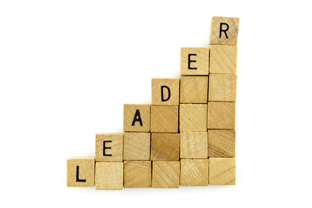 LEADER word wooden alphabet blocks on white background from top viewの写真素材