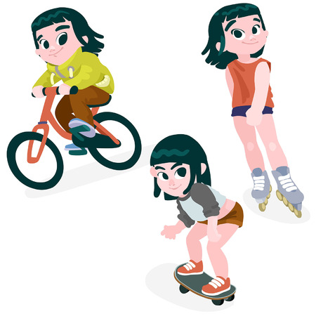 Little girl on a bike, rollerblading, skateboarding. Vector editable illustration in cartoon styleのイラスト素材