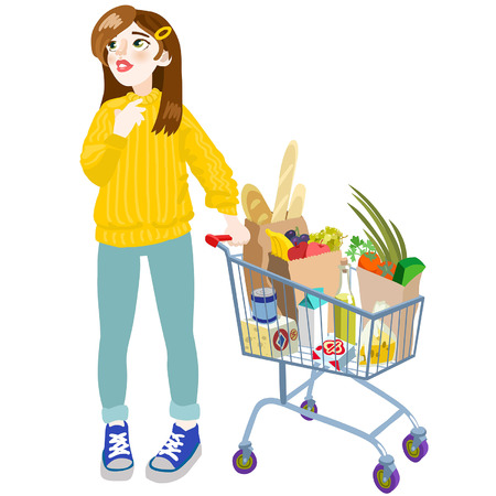 A girl with a cart. Vector editable illustration in cartoon styleのイラスト素材