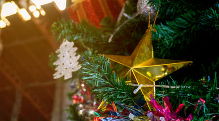 Christmas tree and decorations with pastel backgroundの写真素材