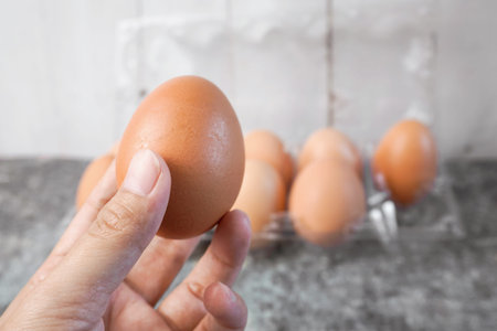 Hand take chicken egg from a plastic tray.