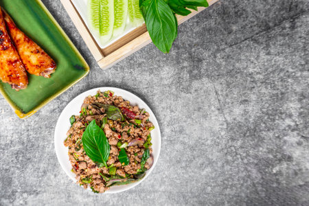 Top view Thai spicy minced pork salad or Larb moo white grilled chicken wings and vegetables side dish on concrete table.の写真素材
