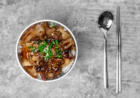 Topview a bowl of rice topped grilled sliced pork belly with soy sauce and sesame seed on the concrete table.の写真素材