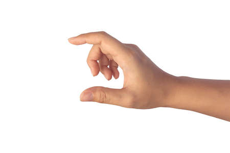 Woman hand holding something on white isolated background with clipping path.の写真素材