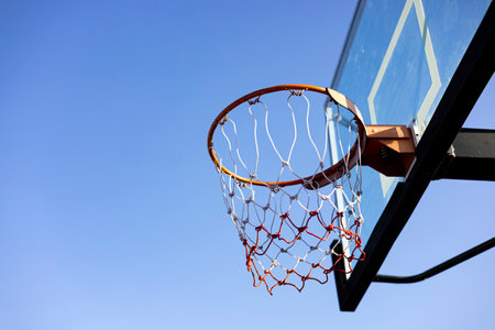 Outdoor Basketball Hoop. Old Basketball Bord On Sky Background.の写真素材
