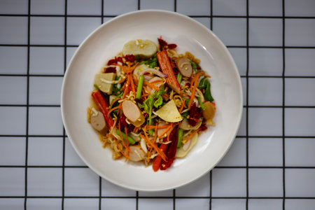 Spicy Salad mixed Seafood with minced pork Spicy salad. Thai style. Mix Seafood salad Thai style.の写真素材