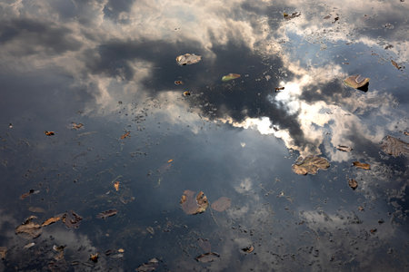 Reflection Of Blue Sky With Cloudy On The Pond. Nature background. Sunset sky reflected in river during evening.の写真素材