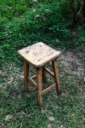 Old weathered light brown wooden chair stands between weeds and nettles with copy space.の写真素材