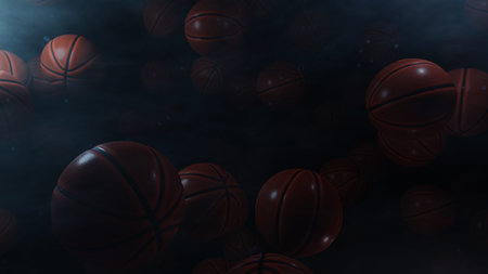 Flying Basketball In Night Light, 3D illustration Background for advertising and wallpaper in sports and Basketball scene. 3D rendering in decorative concept.の写真素材