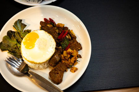Stir Fried Beef With Chili Paste With Rice And Fried Egg, Background for advertising and wallpaper...