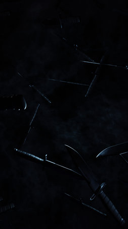 Knife Flies In The Darkness, 3D illustration Background for documentary films and cinematic in war...