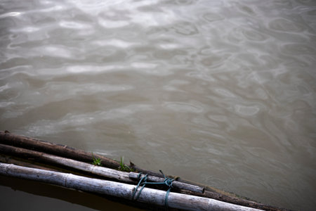 Bamboo Poles Tied As A Floating Barrier On Water, A sturdy bamboo barrier floats on the water.