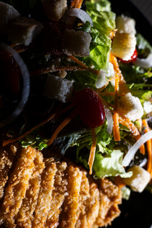 Cross Up Fried Chicken Salad With Mixed Veggies, A vibrant ad photo of crispy fried chicken atop a colorful mixed veggie salad, perfect for a healthy food or fresh fusion documentary.の写真素材
